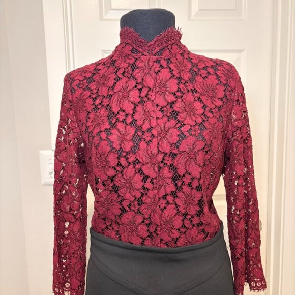Sandro Paris Reem Lace Dress in Burgundy and Black, Sz Sm - Picture 3 of 6